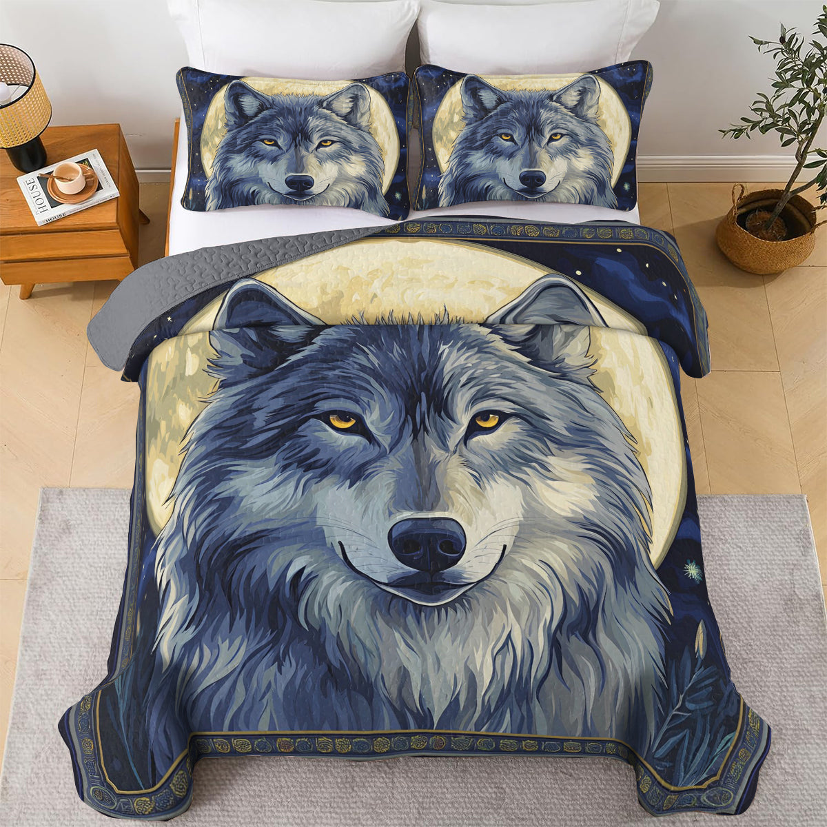 Shineful All Season Quilt 3-Piece Set Wolf In The Full Moon