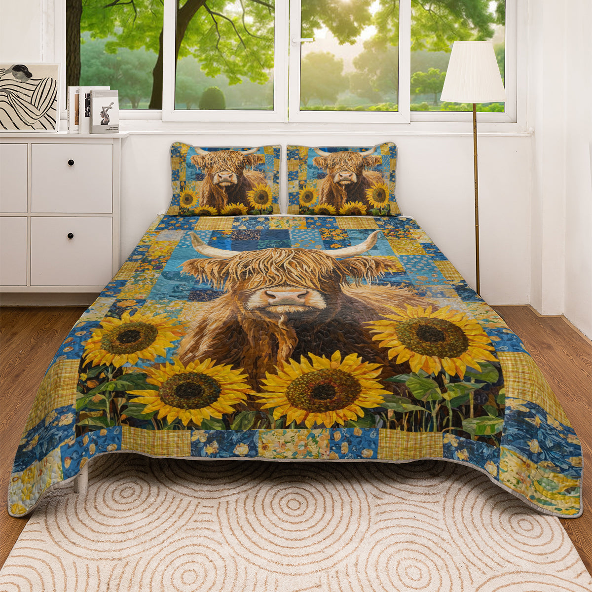 Shineful All Season Quilt 3-Piece Set Sunflower Highland Cow
