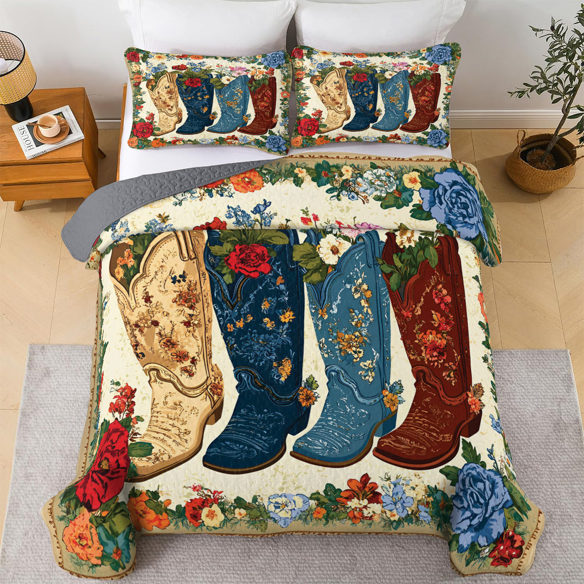 Shineful All Season Quilt 3-Piece Set Cowboy Boots And Flowers