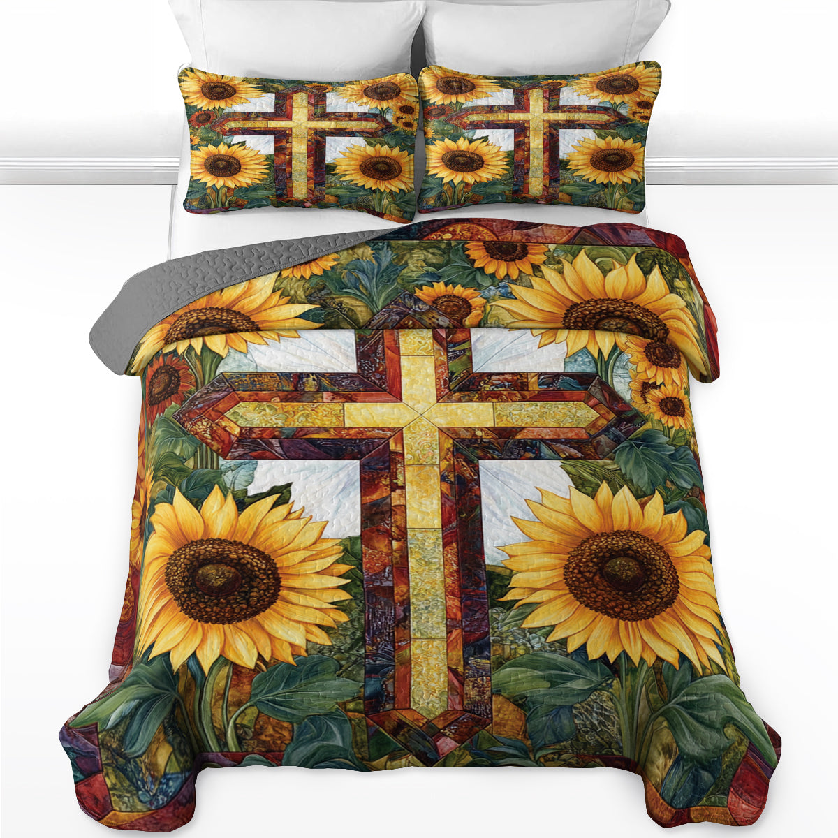 Shineful All Season Quilt 3-Piece Set Sunflower Cross