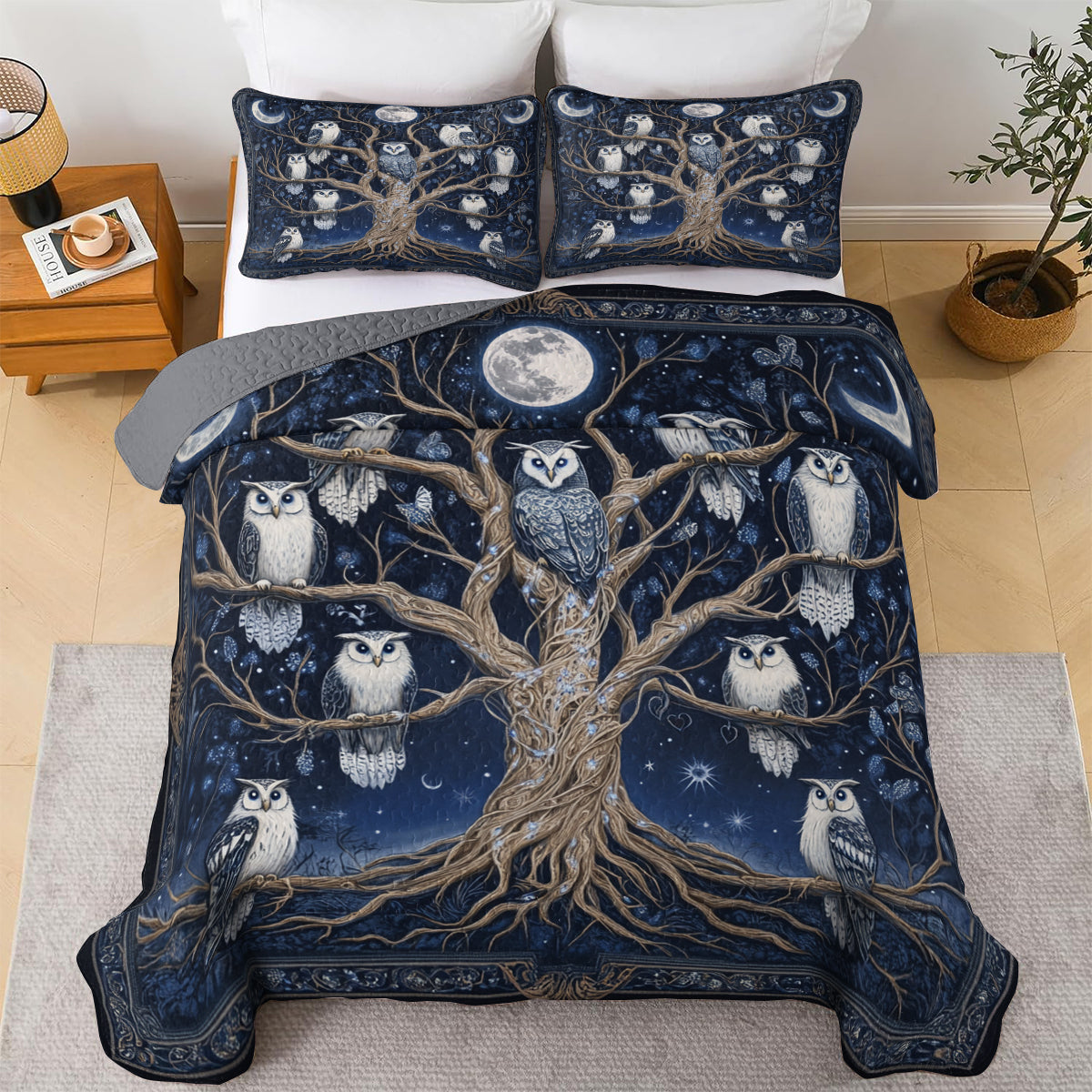 Shineful All Season Quilt 3-Piece Set Midnight Owl Tree Of Life