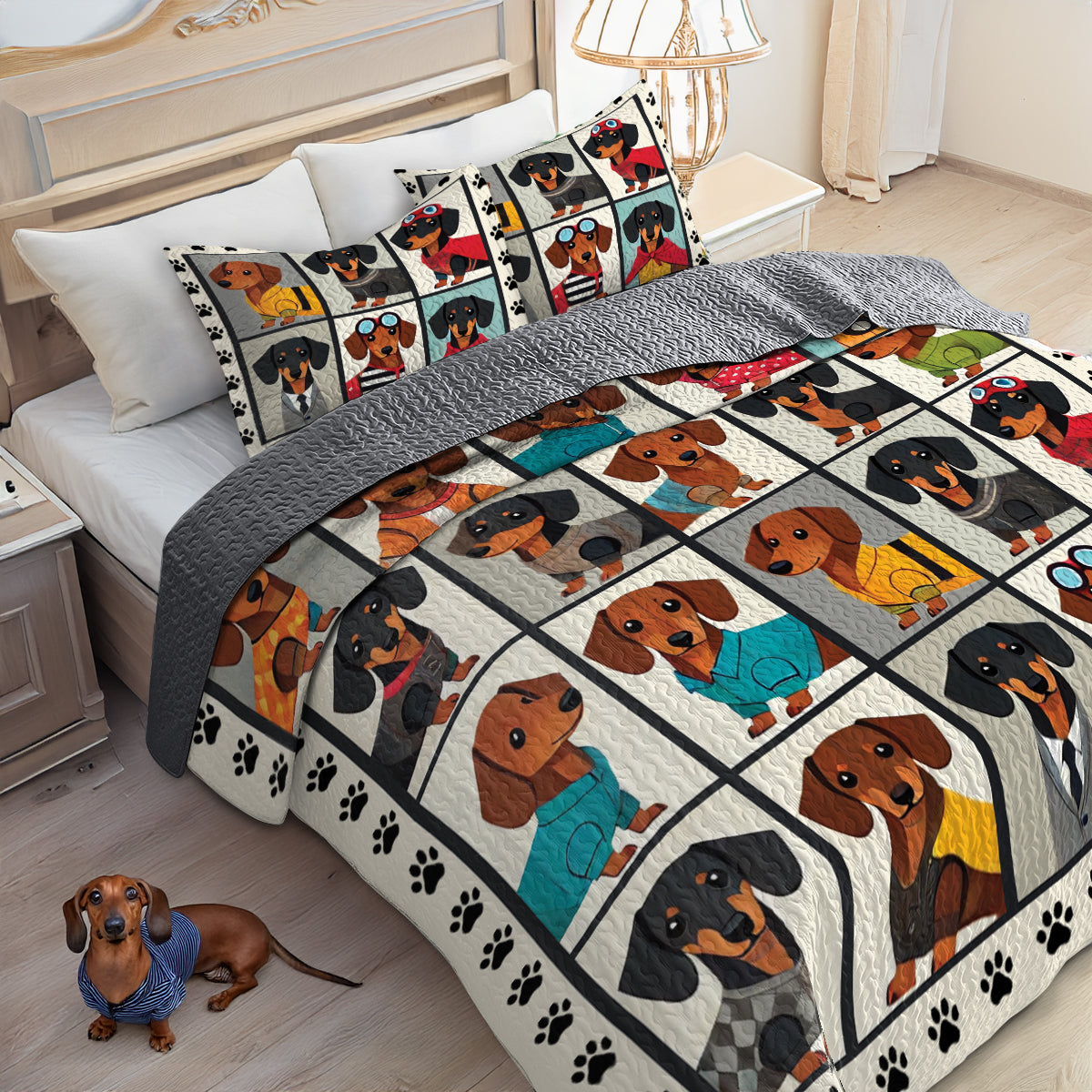 Shineful All Season Quilt 3-Piece Set Dachshund Cartoon