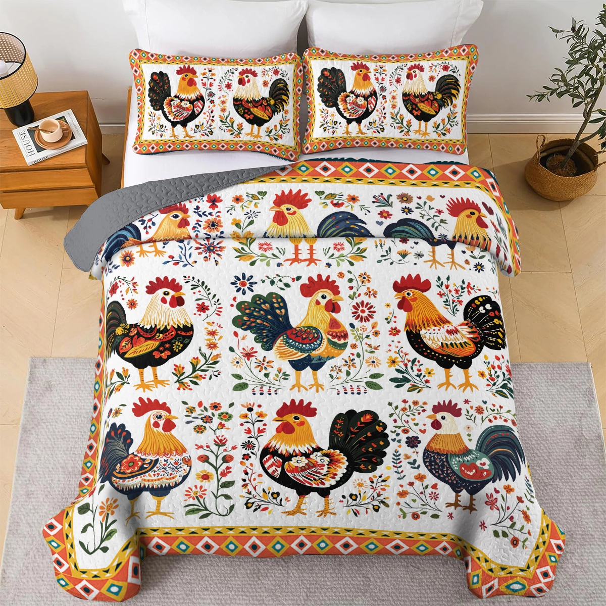 Shineful All Season Quilt 3-Piece Set Folk Art Roosters
