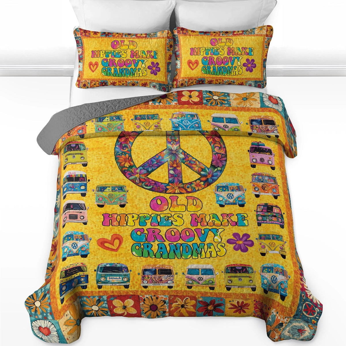 Shineful All Season Quilt 3-Piece Set Hippie Love, Vans, And Groovy Grandma