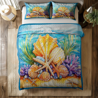 Shineful All Season Quilt 3-Piece Set Seashells On The Beach