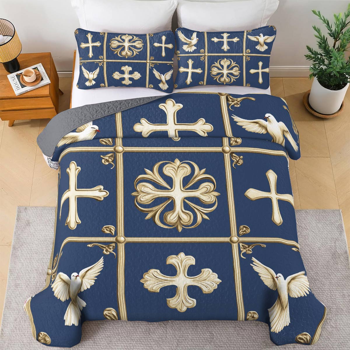 Shineful All Season Quilt 3-Piece Set - Graceful Cross & Dove