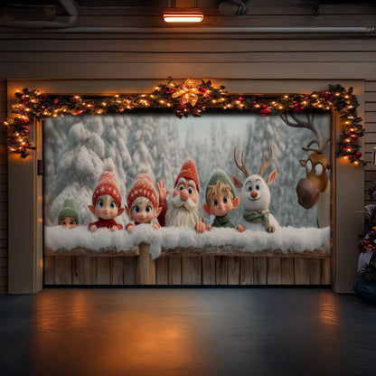 Shineful Garage Door Banner Decoration Elves & Reindeer Holiday Peek