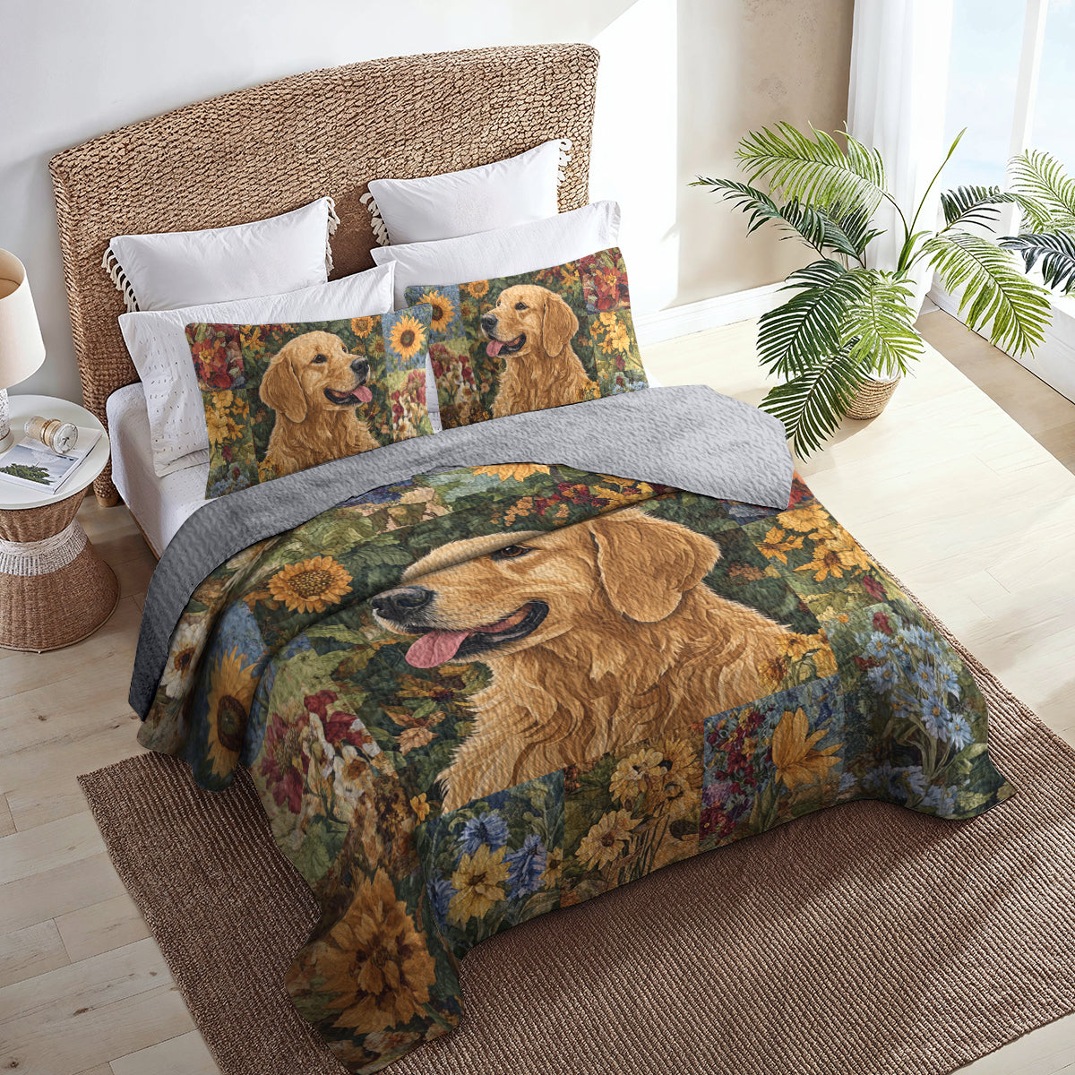 Shineful All Season Quilt 3-Piece Set Golden Retriever Floral Bliss
