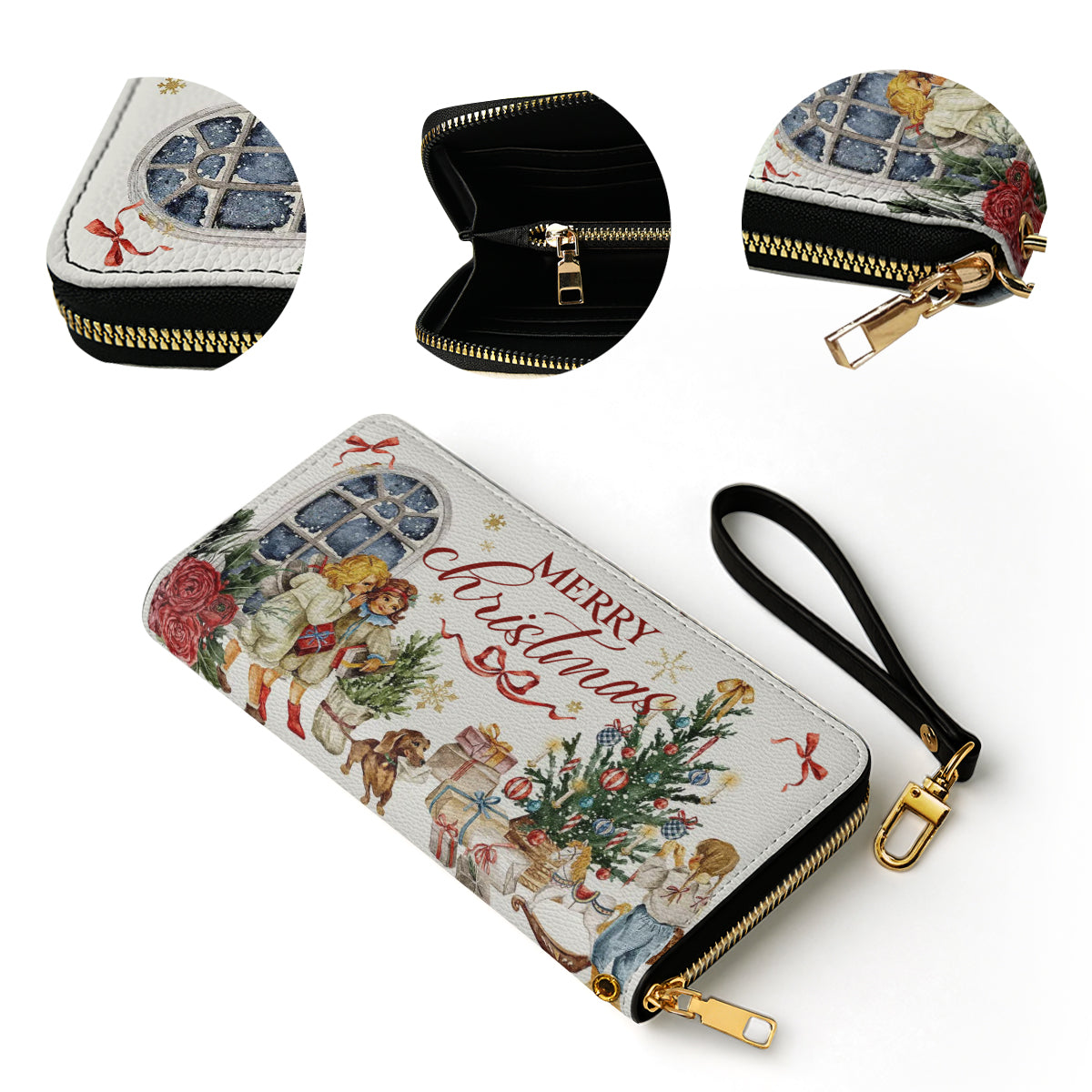 Shineful Leather Clutch Purse With Wristlet Strap Handle Holiday Nostalgia