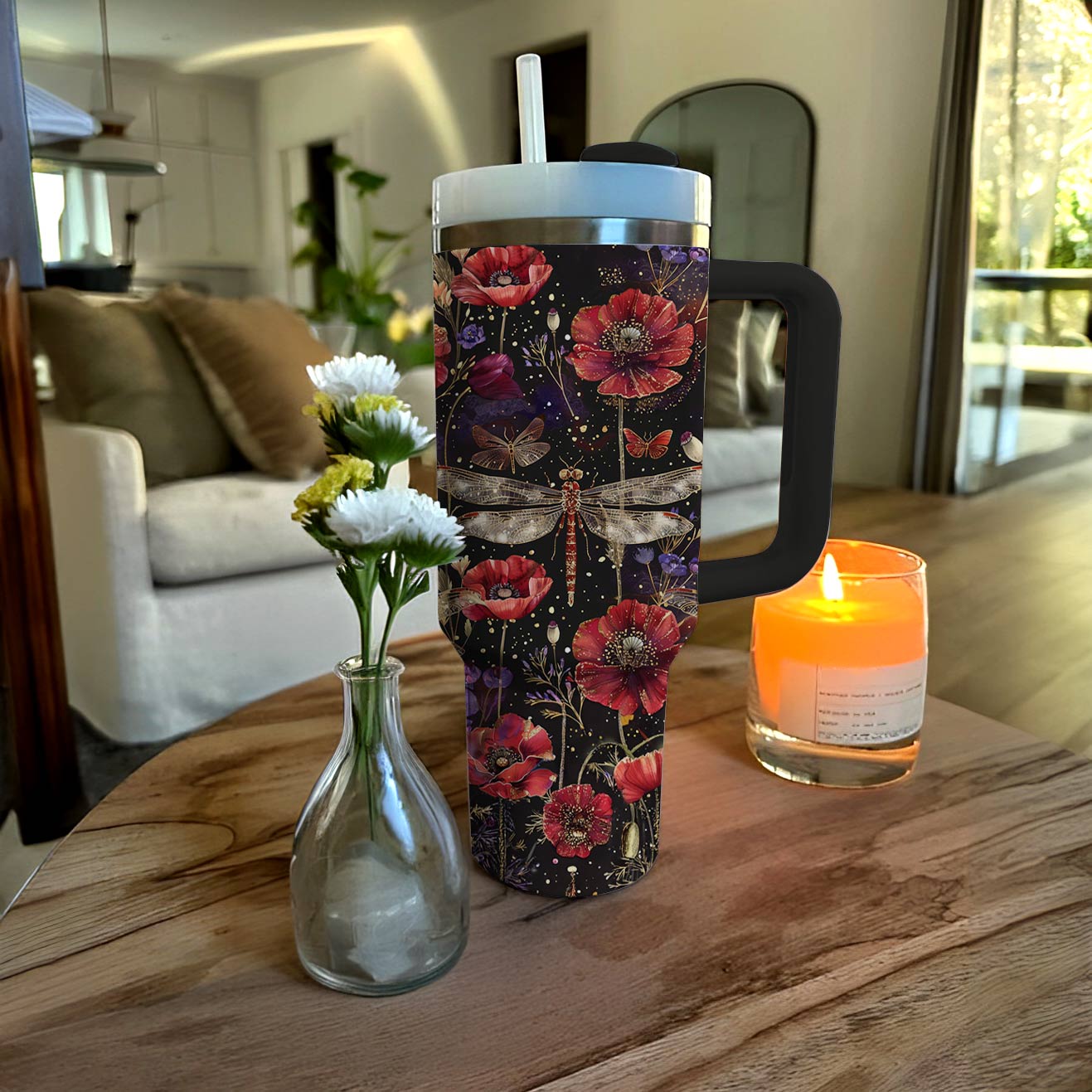 Shineful Tumbler Gorgeous Dragonfly With Poppies Flowers