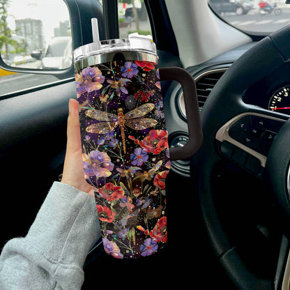 Shineful Tumbler Charming Dragonfly With Poppies Flowers