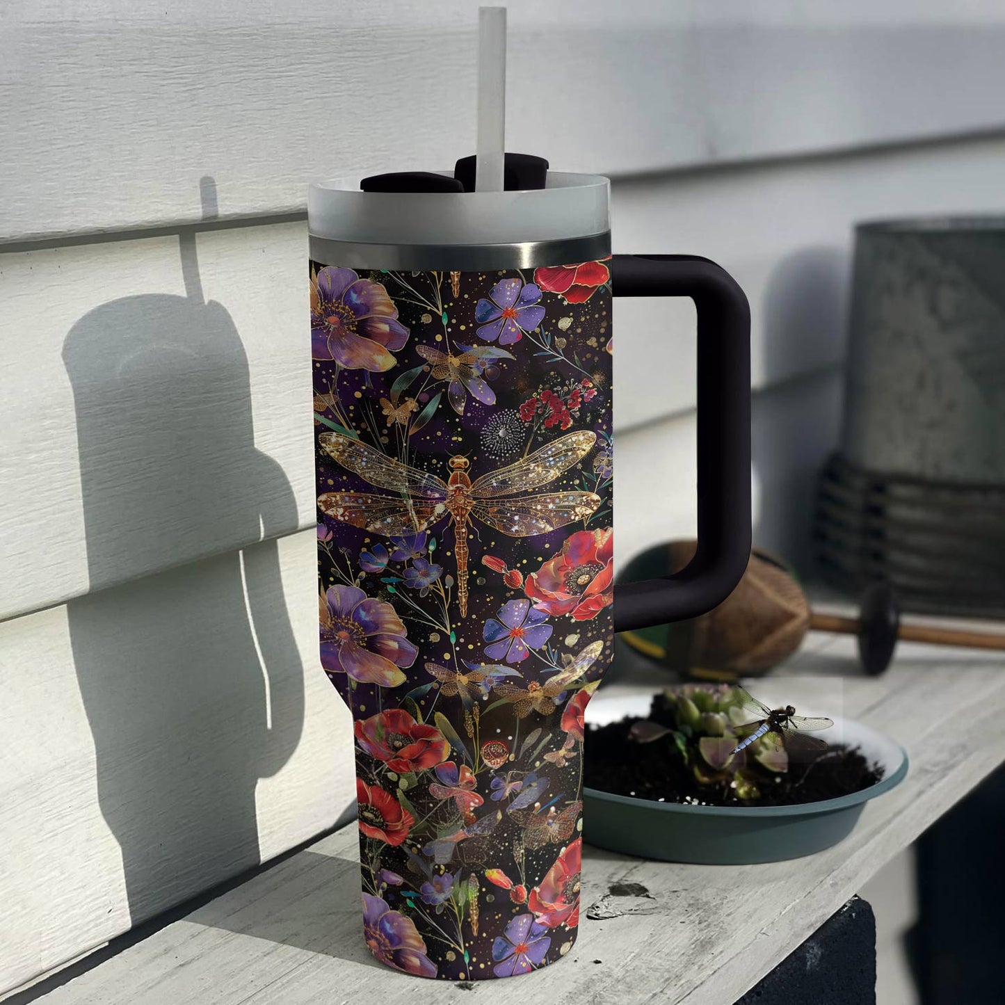 Shineful Tumbler Charming Dragonfly With Poppies Flowers