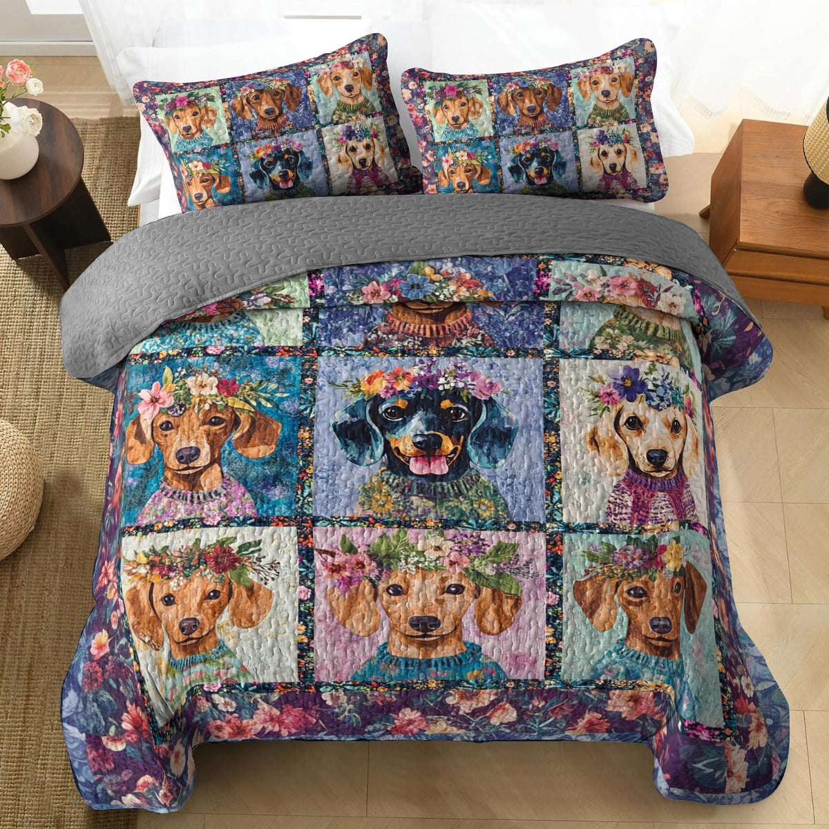 Shineful All Season Quilt 3-Piece Set - Dachshund Blooms