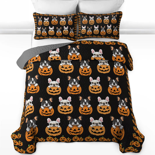 Shineful All Season Quilt 3-Piece Set - Puppy Frenchie Pumpkin