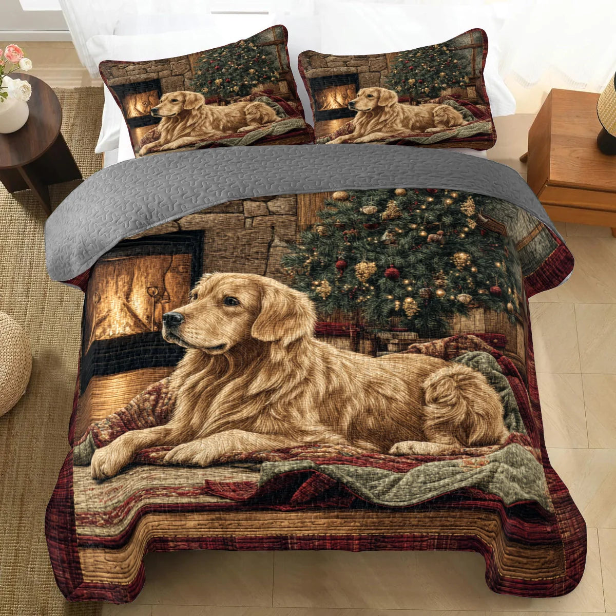 Shineful Quilt 3-Piece Set Golden Retriever Christmas Eve