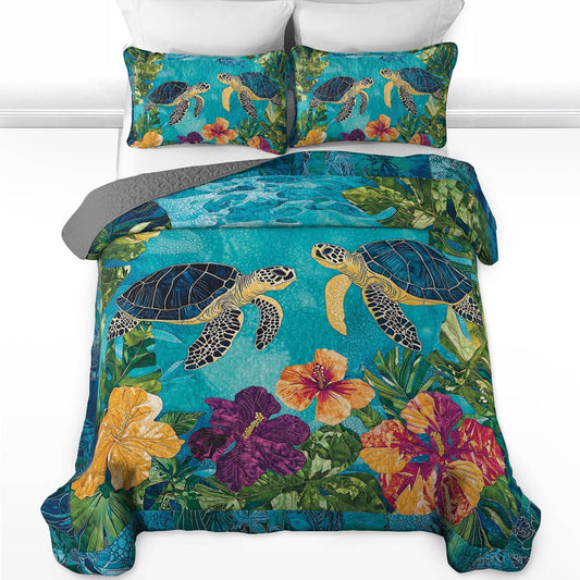 Shineful All Season Quilt 3-Piece Set - Sea Turtle & Tropical Flower