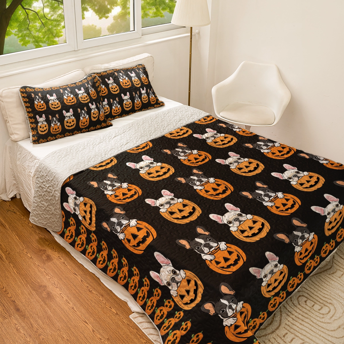 Shineful All Season Quilt 3-Piece Set - Puppy Frenchie Pumpkin