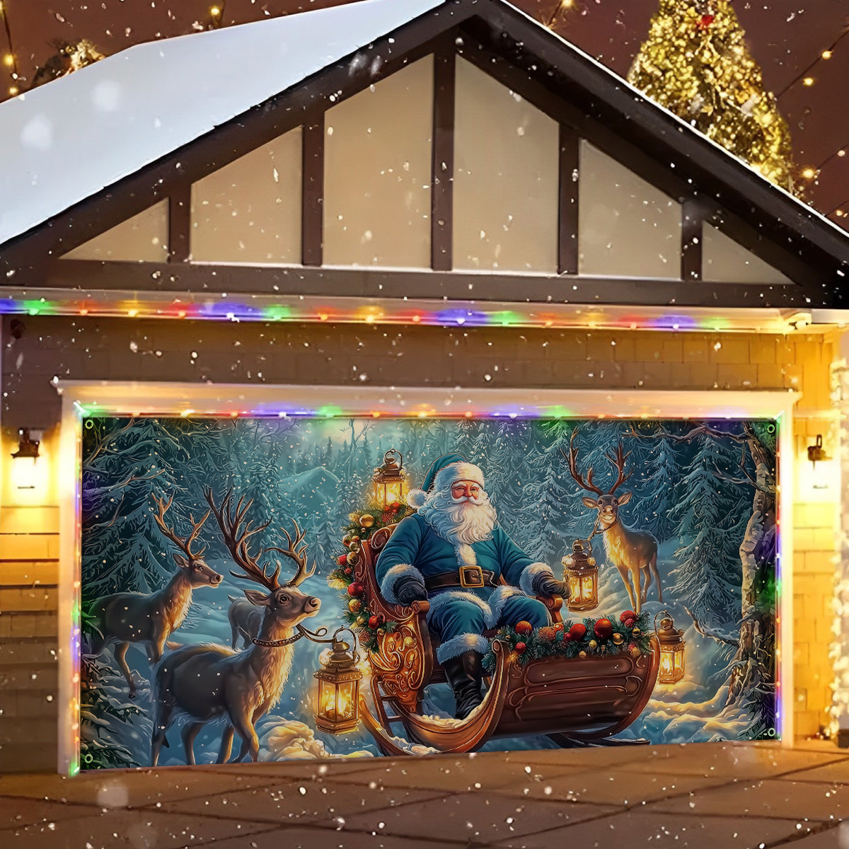 Shineful Garage Door Banner Decoration - Blue Santa Sleigh