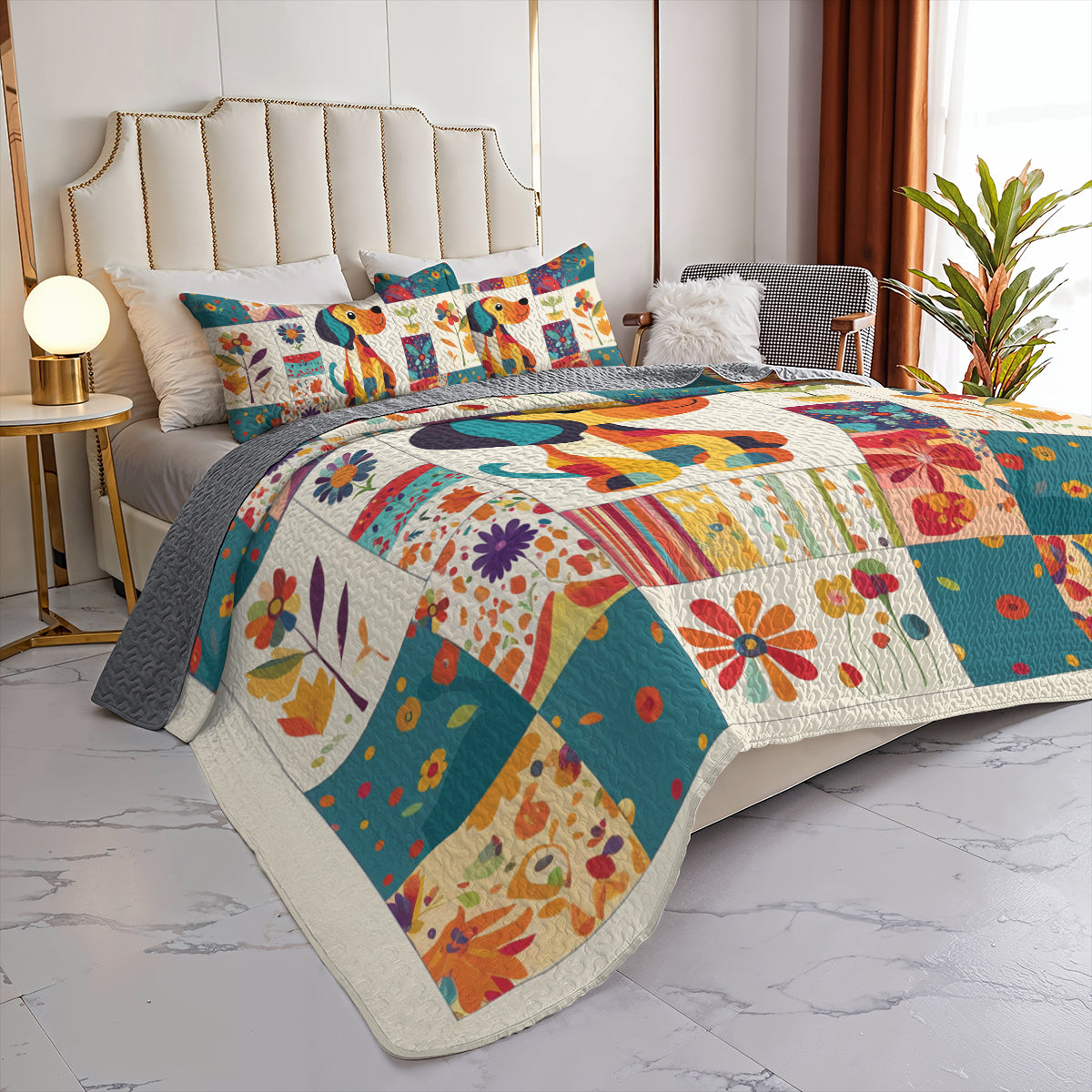 Shineful All Season Quilt 3-Piece Set Floral Dachshund