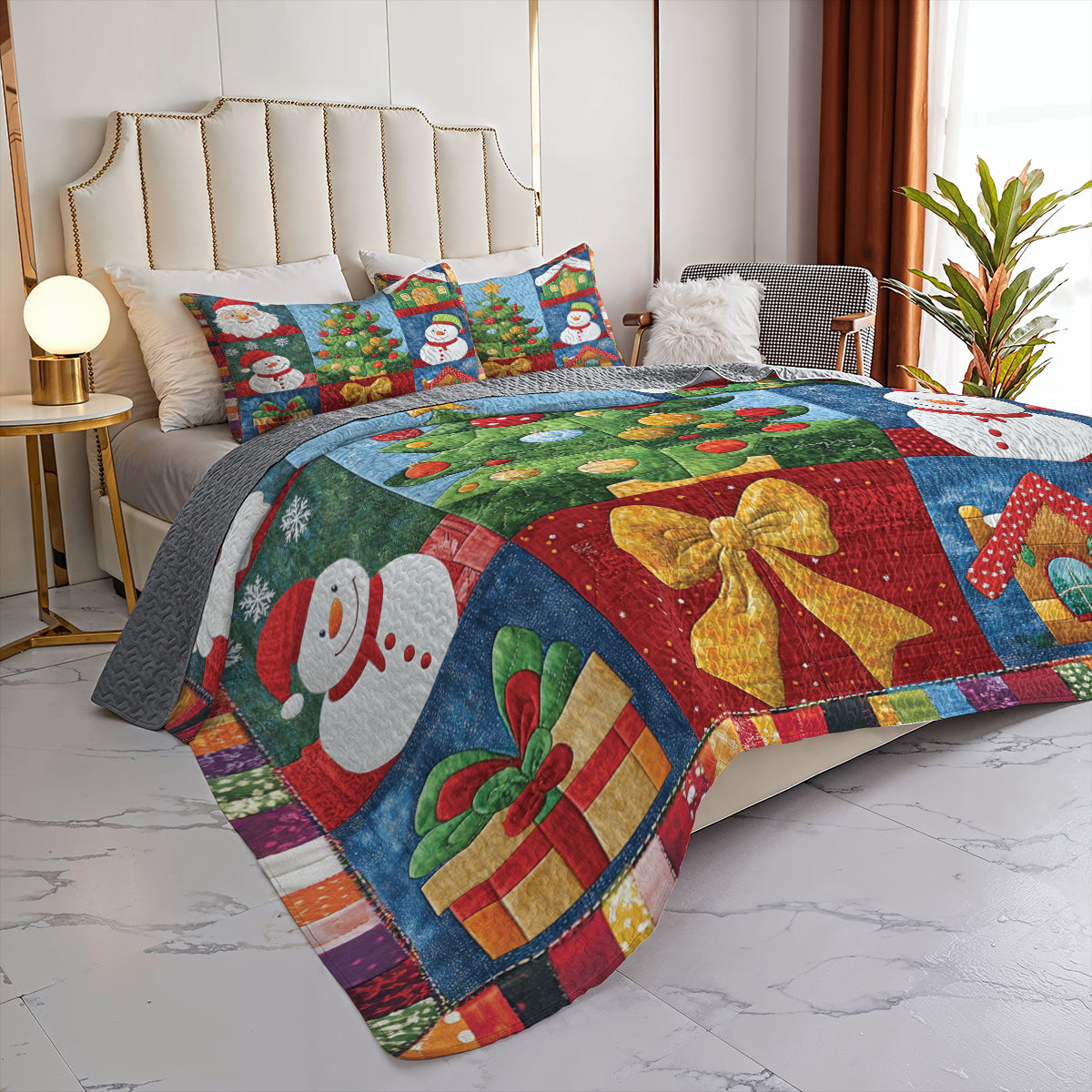 Shineful All Season Quilt 3-Piece Set Festive Snowman & Christmas Tree