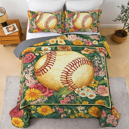 Shineful All Season Quilt 3-Piece Set Floral Softball Dream