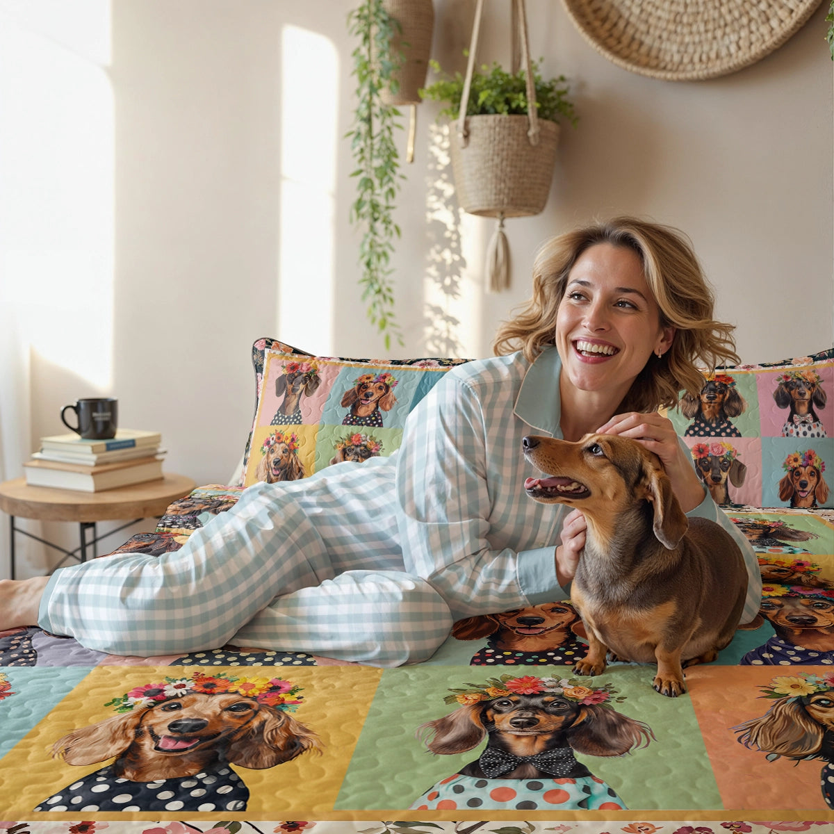 Shineful All Season Quilt 3-Piece Set Dachshund Floral Portrait