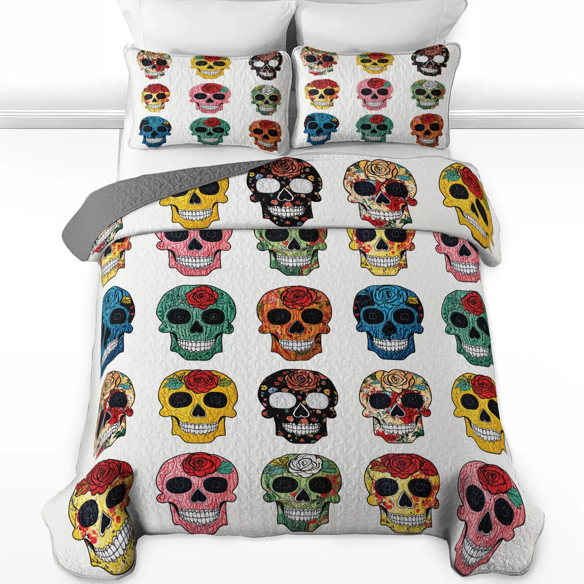 Shineful Quilt 3-Piece Set Colorful Sugar Skull Roses