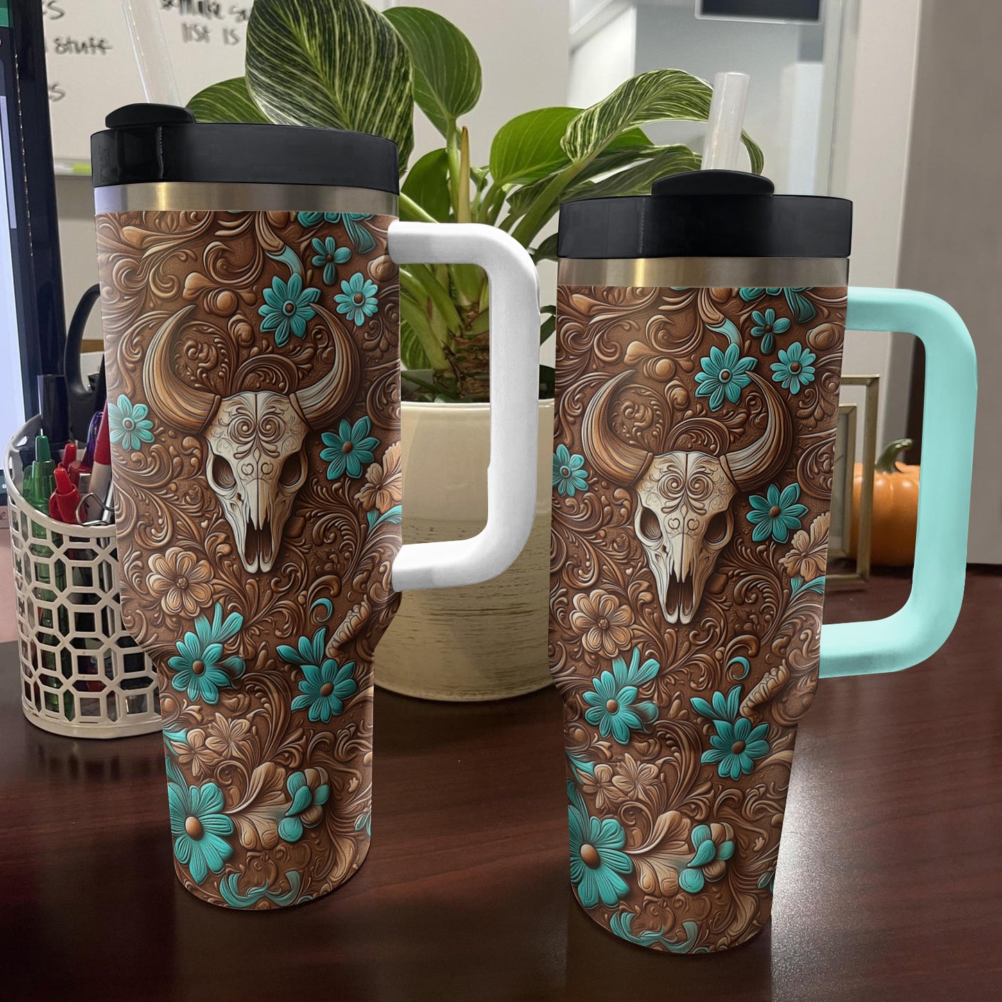 Shineful Tumbler Leather Tooling With Cow Skull Pattern
