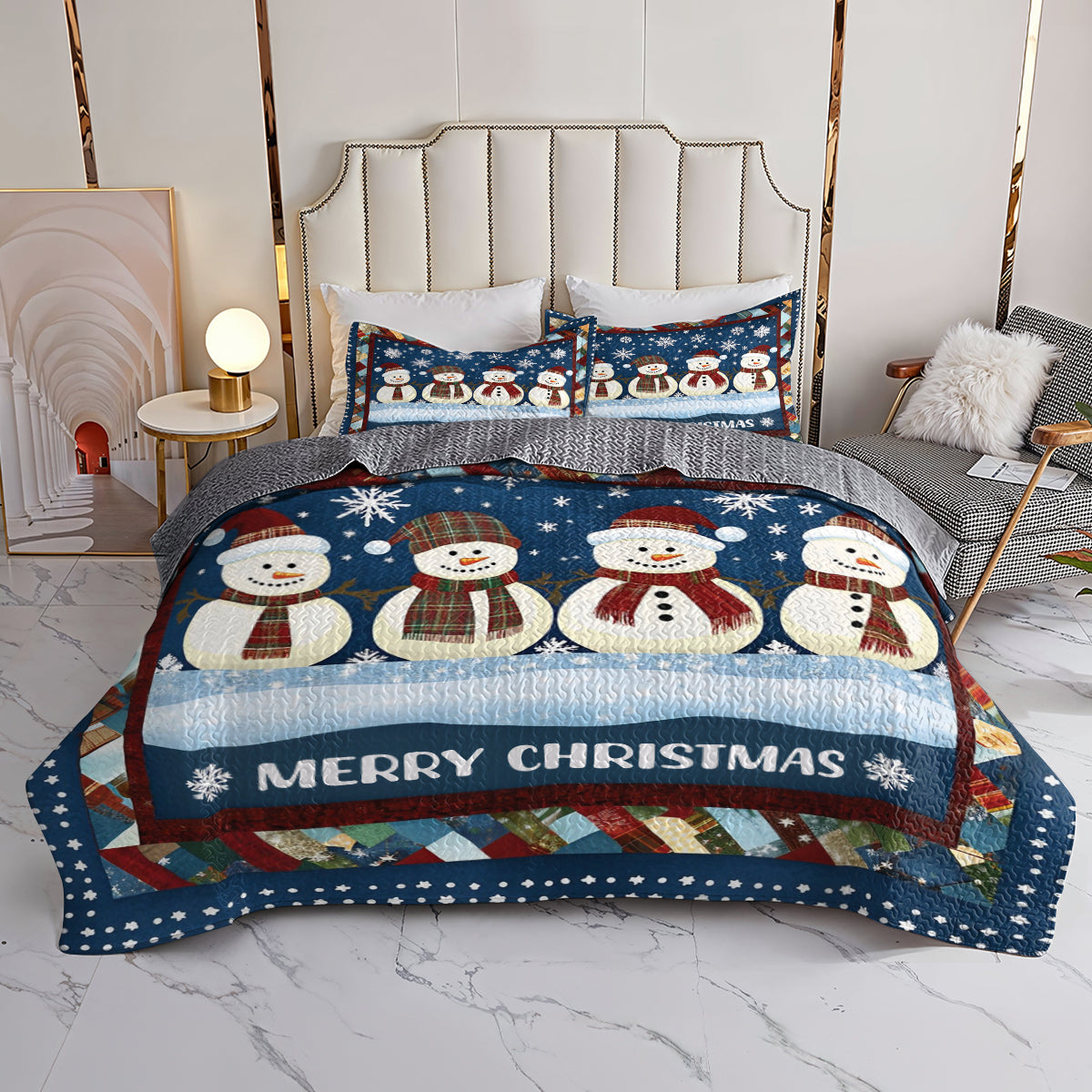 Shineful All Season Quilt 3-Piece Set Happy Snowman Family