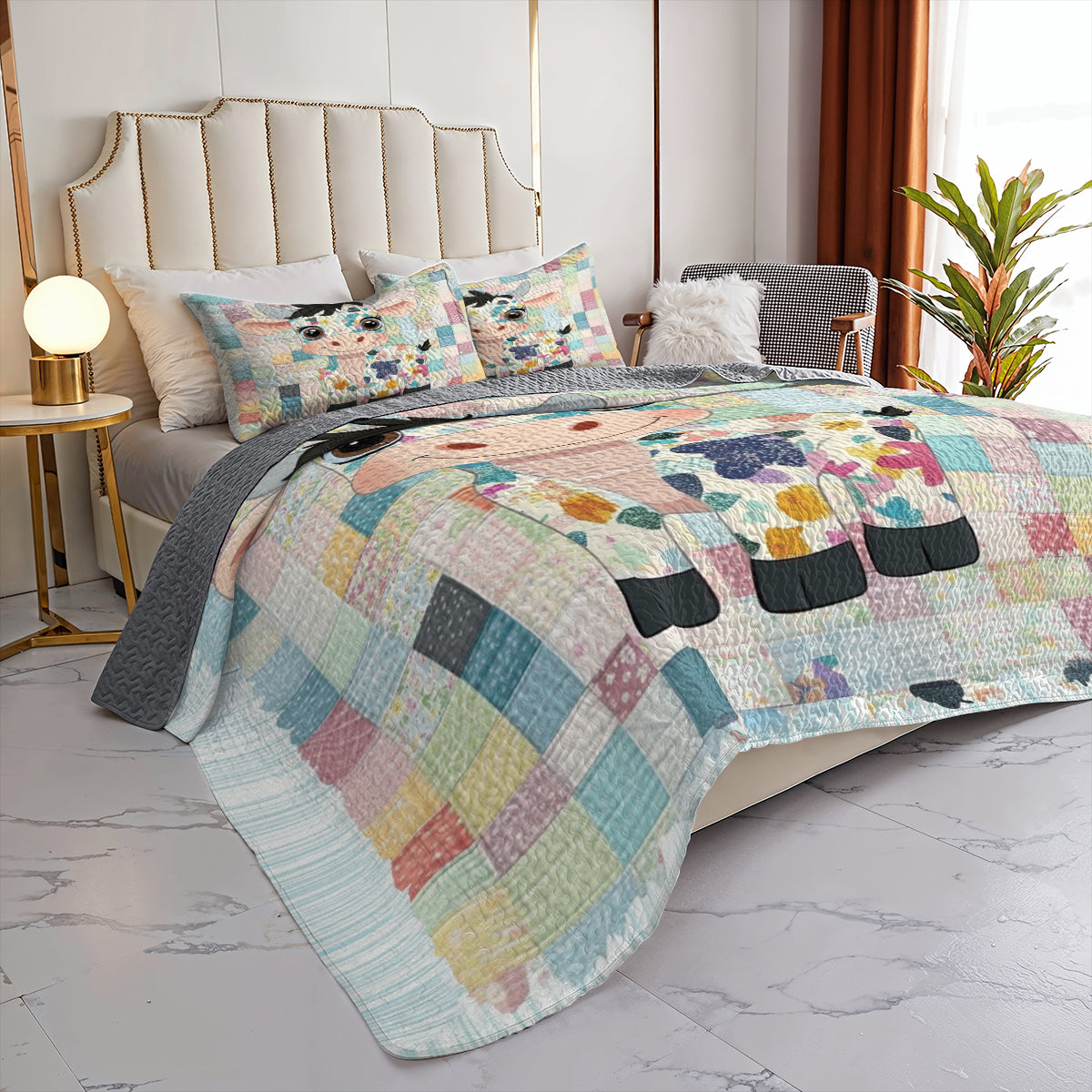 Shineful All Season Quilt 3-Piece Set Adorable Patchwork Cow