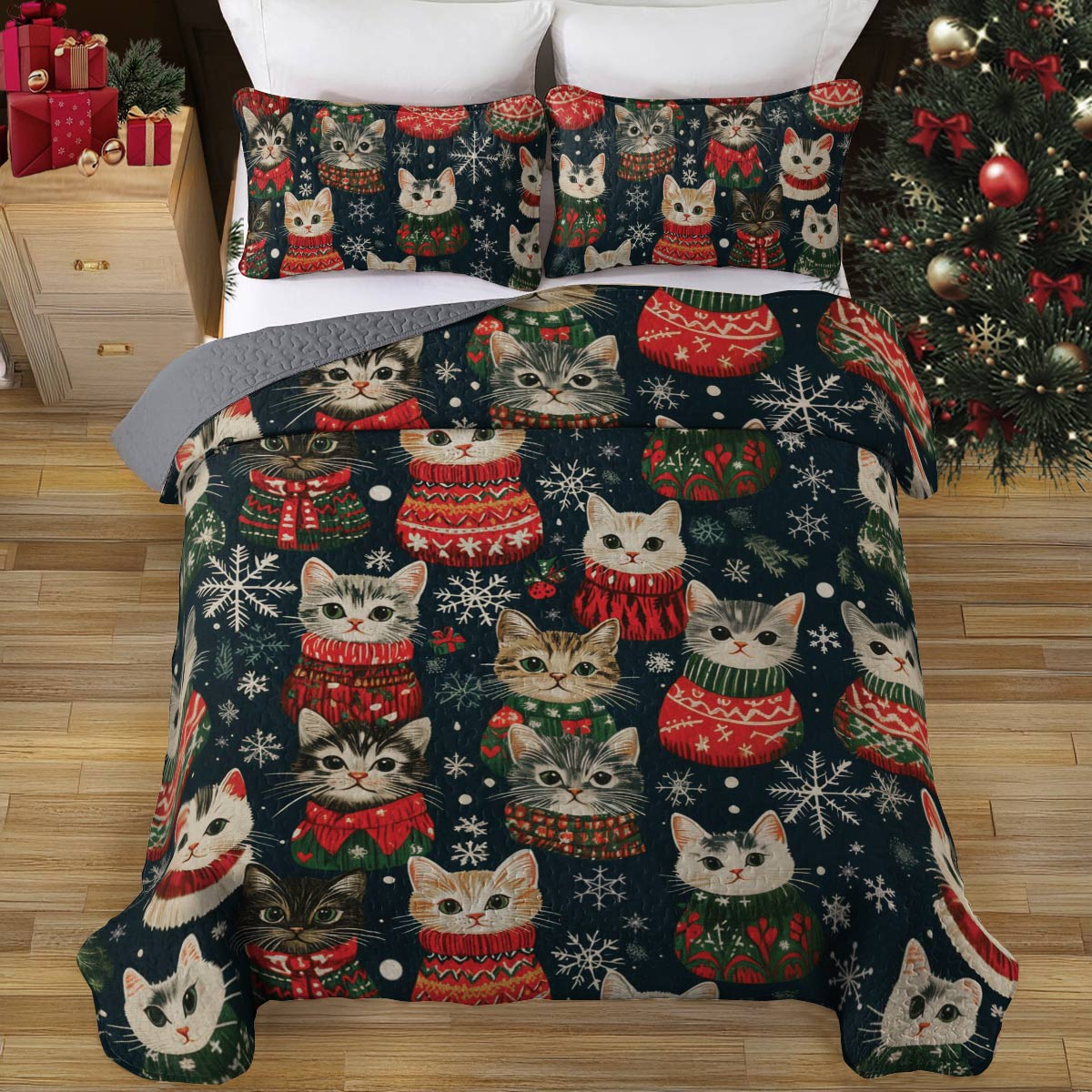 Shineful All Season Quilt 3-Piece Set Meowy Catmas
