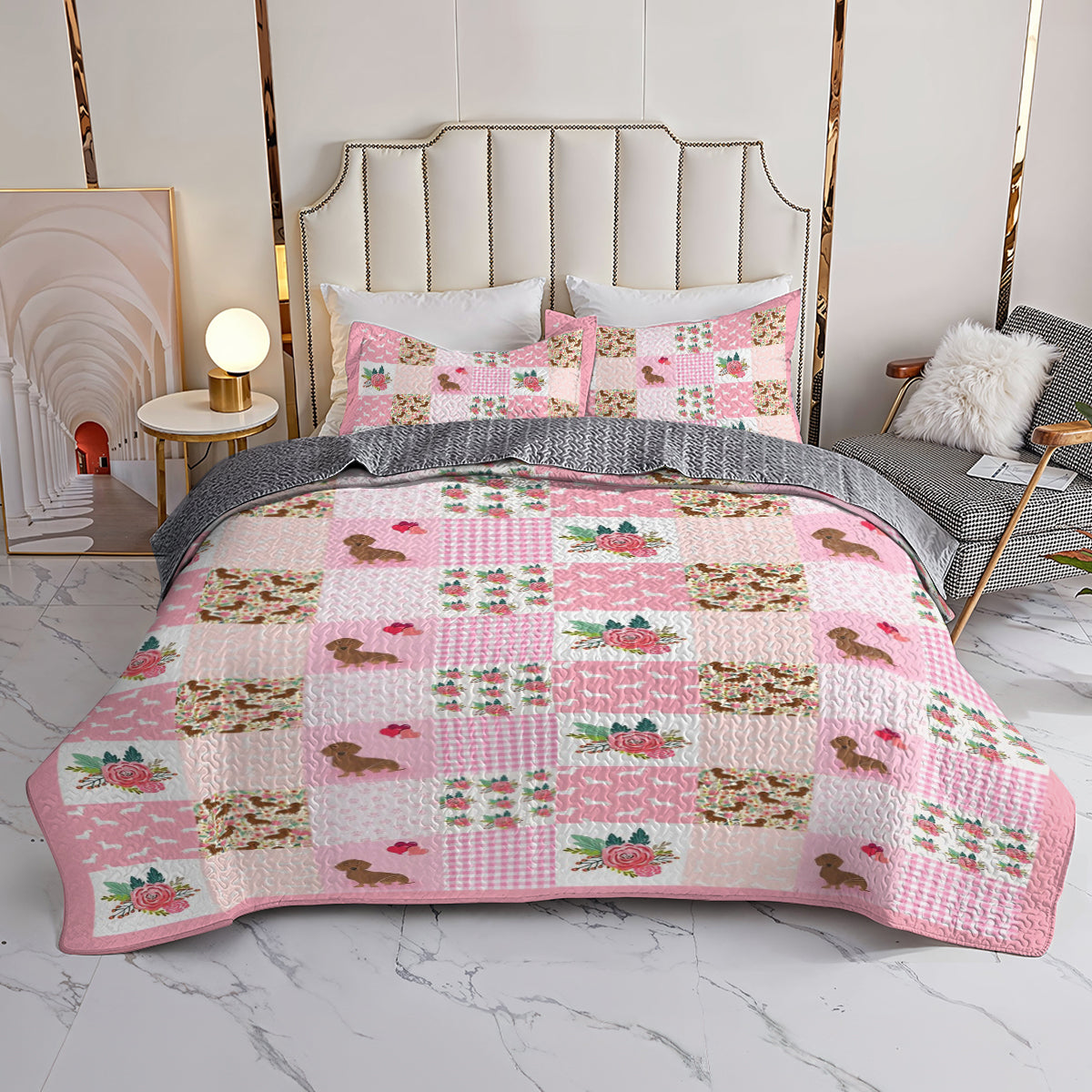 Shineful All Season Quilt 3-Piece Set Pink Patchwork Puppy