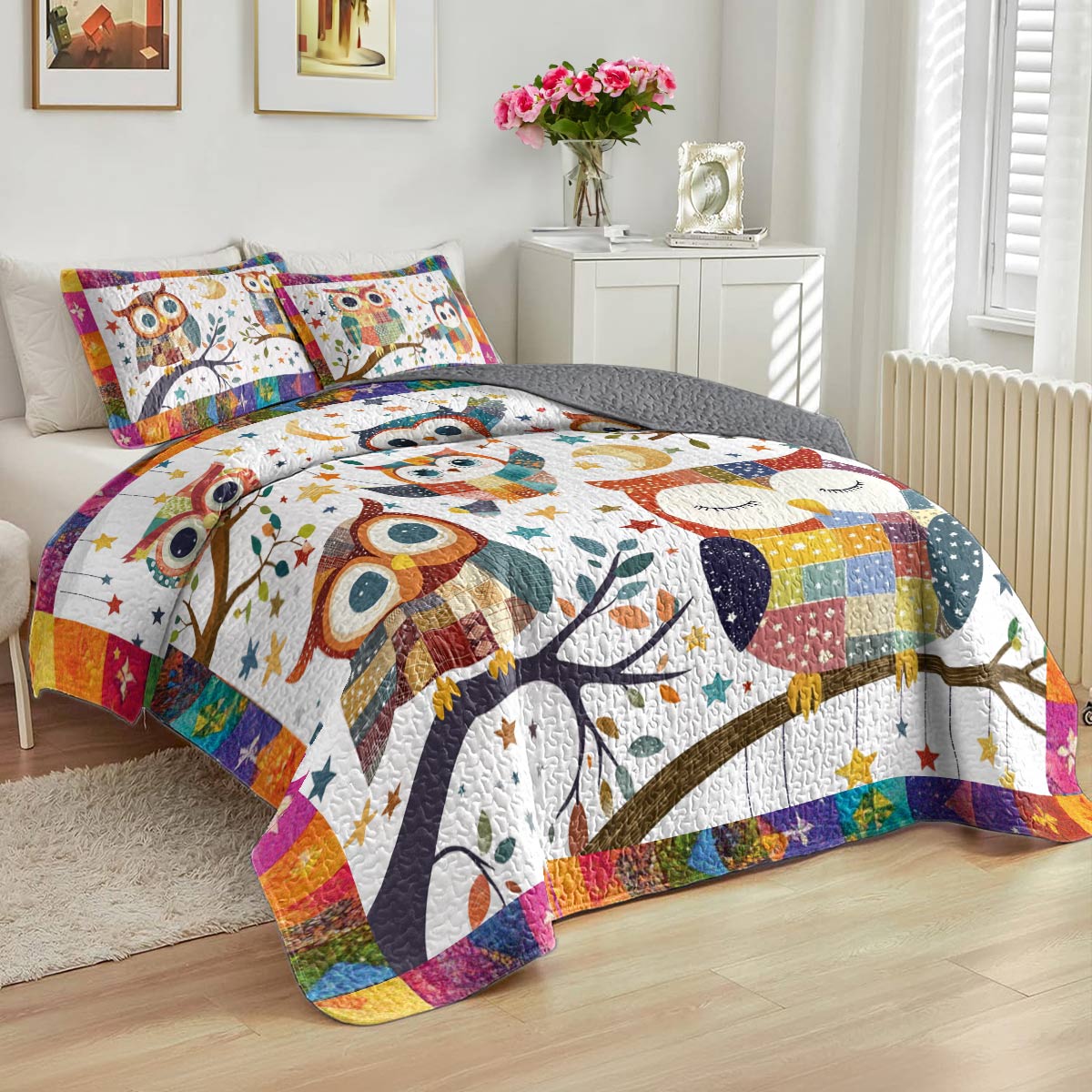Shineful All Season Quilt 3-Piece Set Owl Patchwork