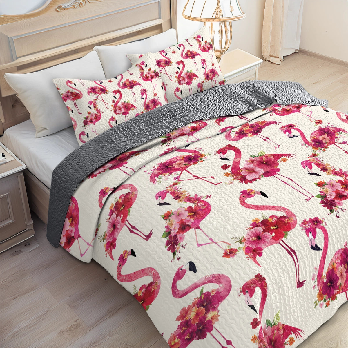 Shineful All Season Quilt 3-Piece Set - Floral Flamingo Fiesta