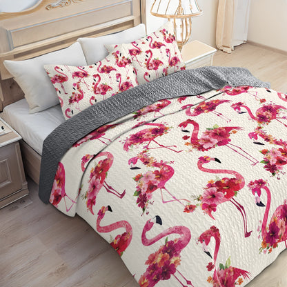 Shineful All Season Quilt 3-Piece Set - Floral Flamingo Fiesta