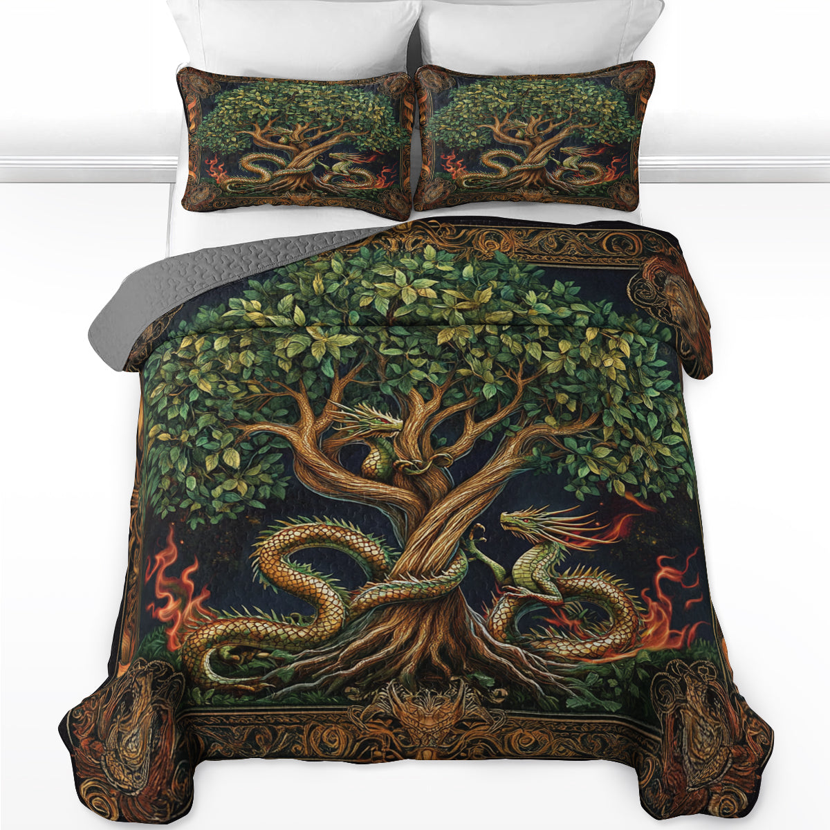 Shineful All Season Quilt 3-Piece Set Dragon & Tree Of Life
