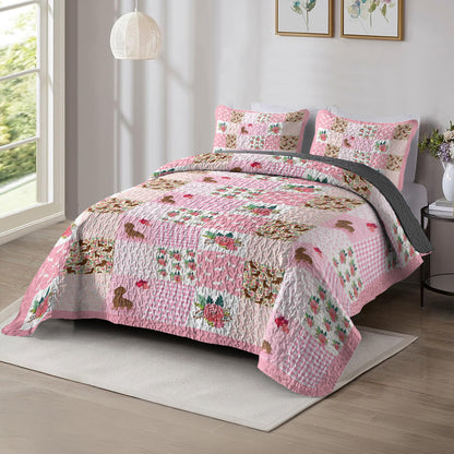 Shineful All Season Quilt 3-Piece Set Pink Patchwork Puppy