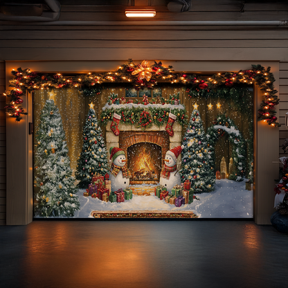 Shineful Garage Door Banner Decoration - Cozy Snowman by the Hearth