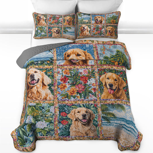 Shineful All Season Quilt 3-Piece Set  Golden Retriever Beach & Floral