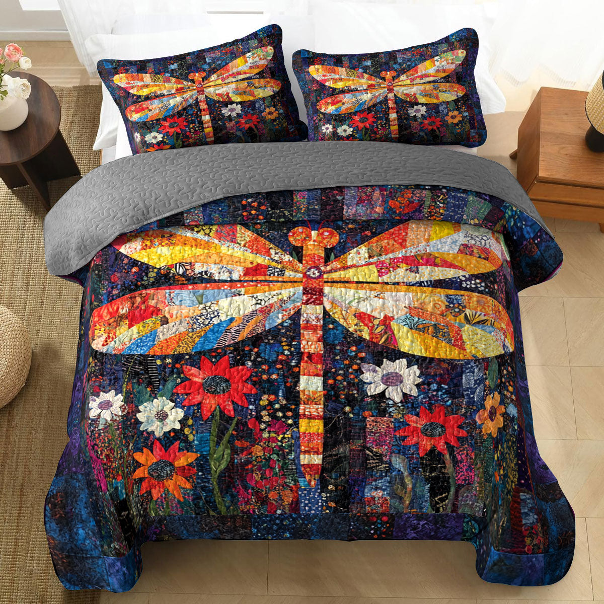 Shineful All Season Quilt 3-Piece Set Dragonfly’s Blooming Realm