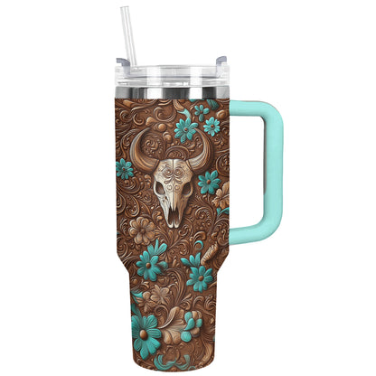 Shineful Tumbler Leather Tooling With Cow Skull Pattern