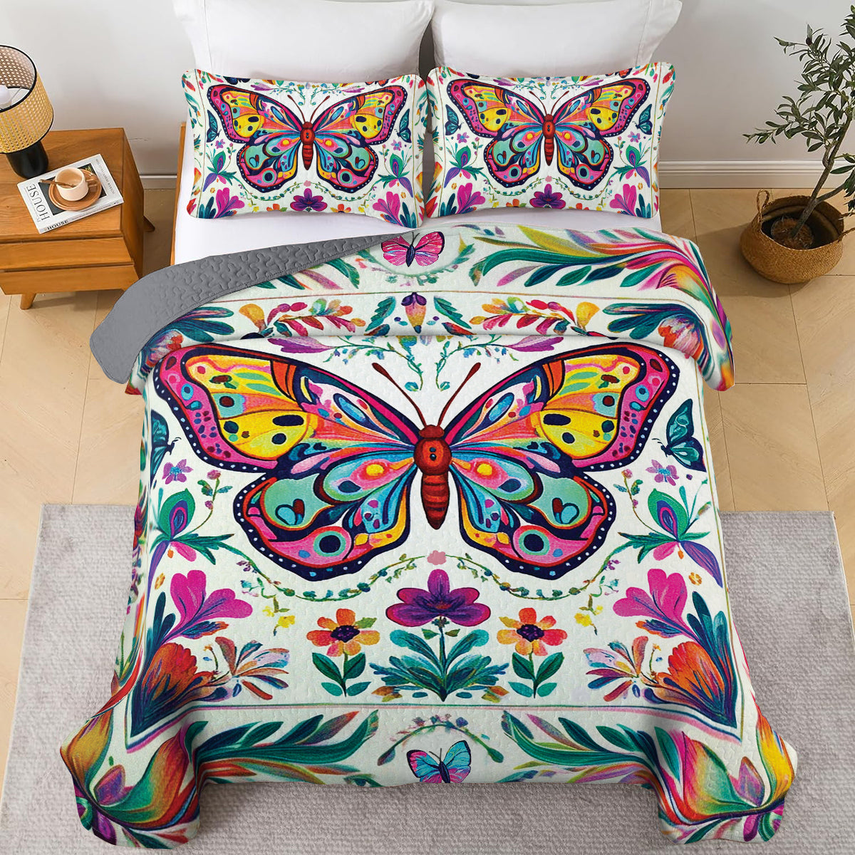 Shineful All Season Quilt 3-Piece Set - Vibrant Garden Butterfly