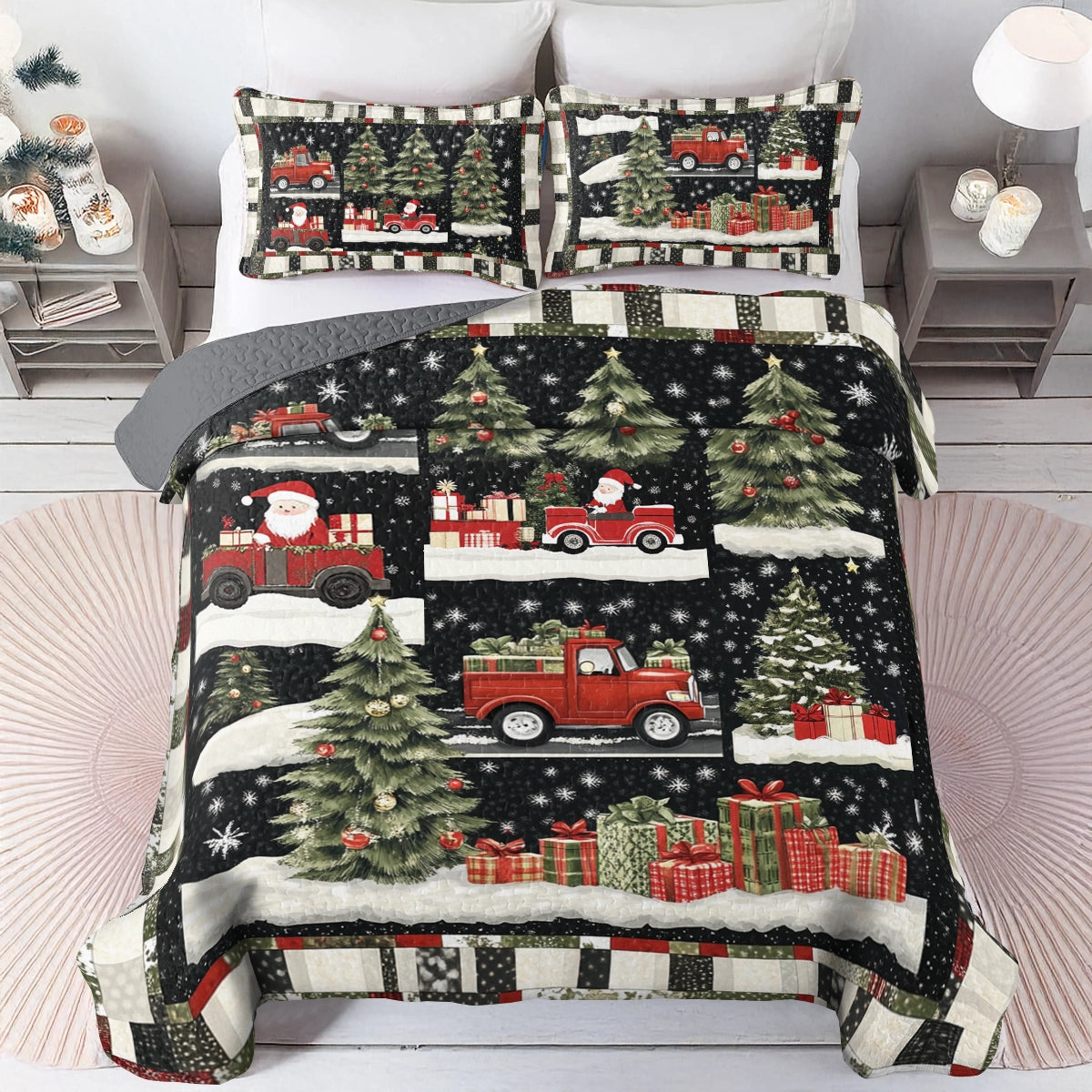 Shineful All Season Quilt 3-Piece Set Christmas Santa's Festive Truck