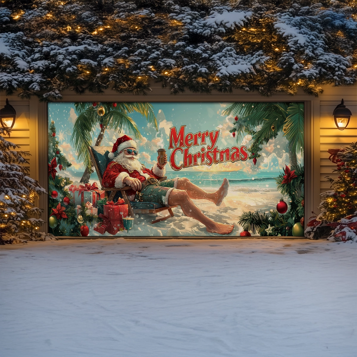 Shineful Garage Door Banner Decoration Tropical Santa Christmas Vibes
