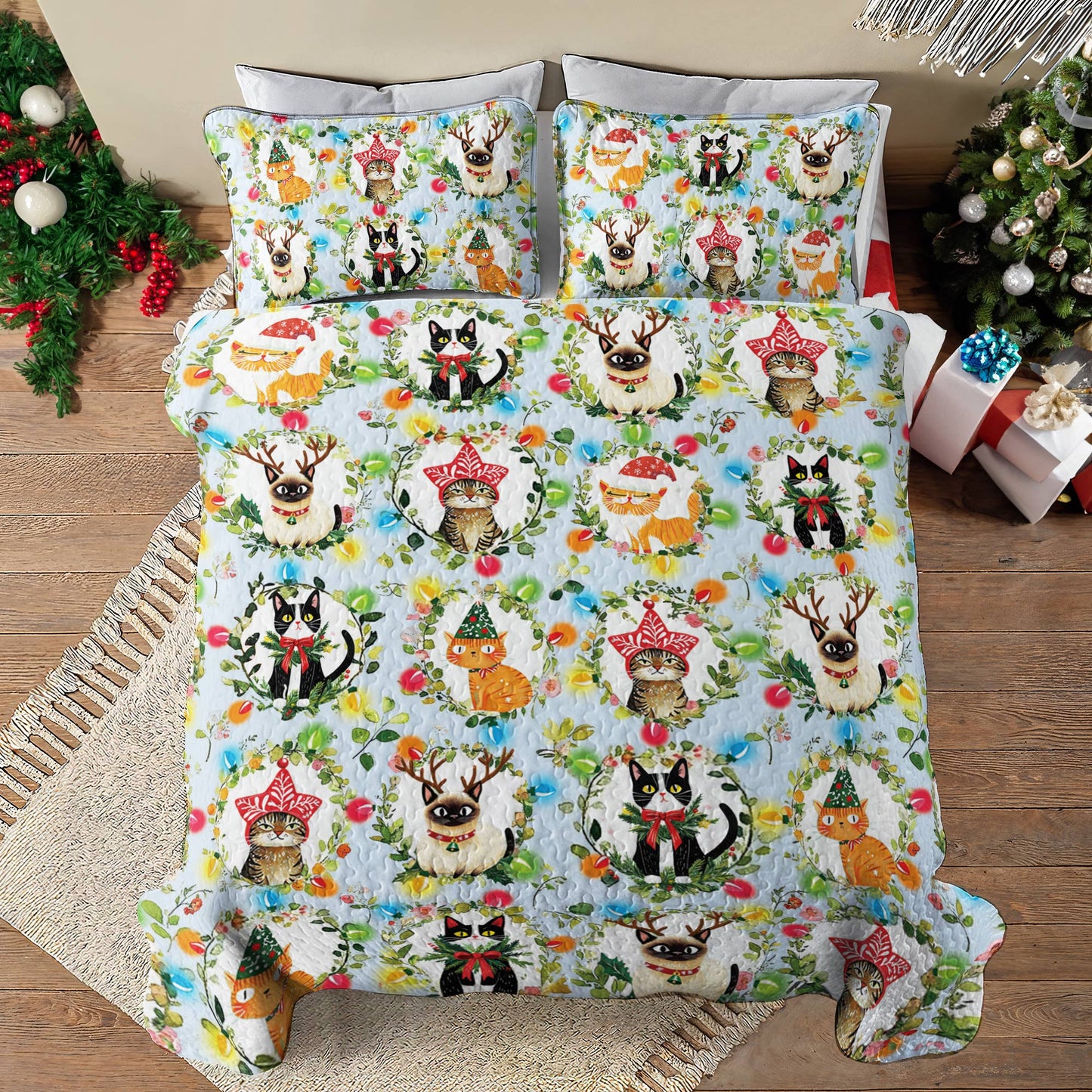 Shineful All Season Quilt 3-Piece Set Cat Christmas Collection