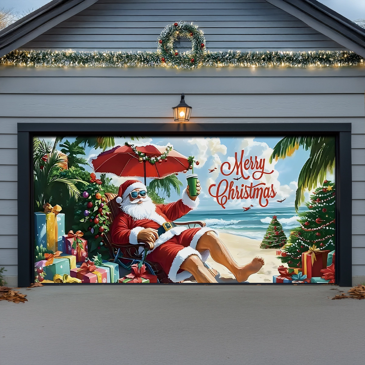 Shineful Garage Door Banner Decoration Beachside Christmas with Santa