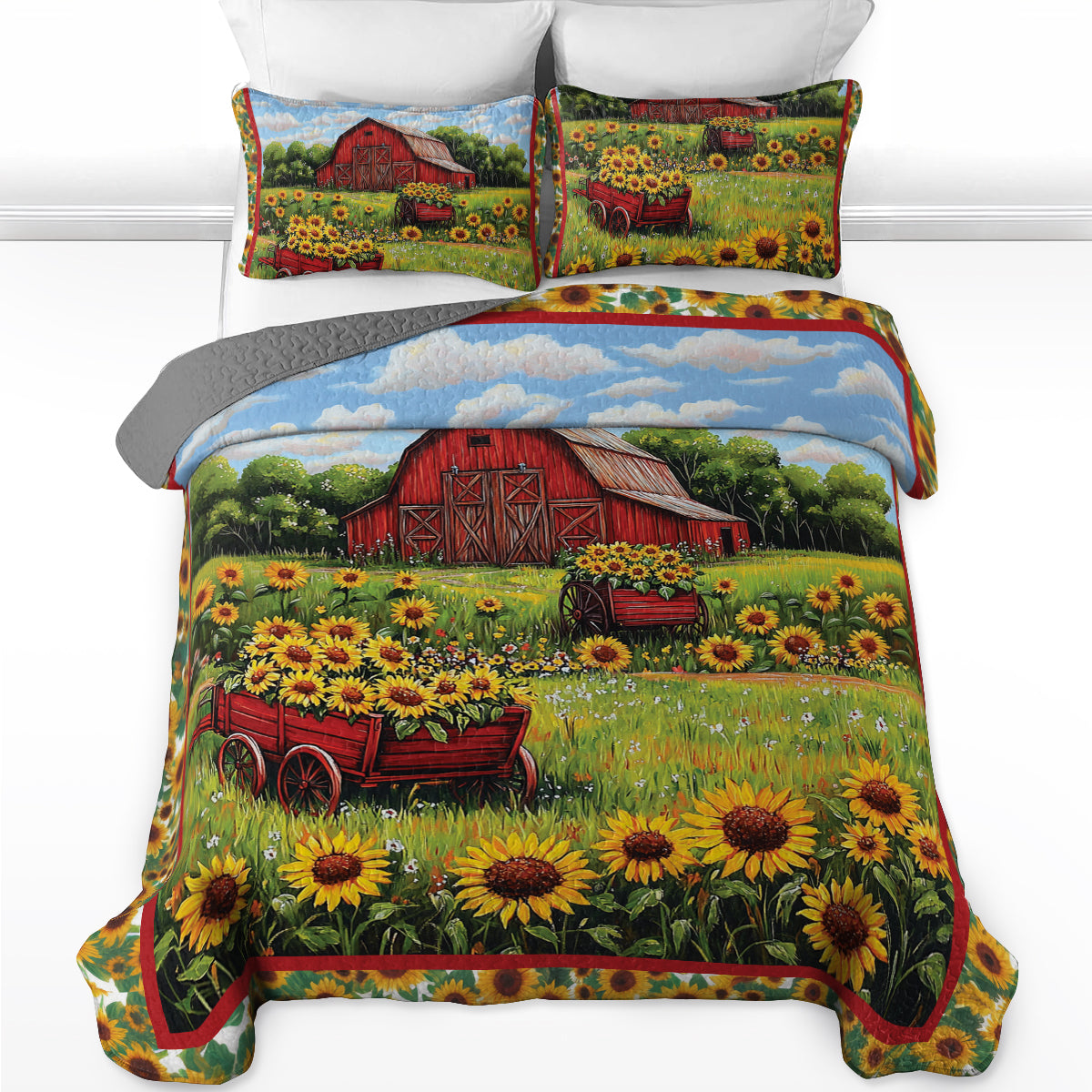 Shineful All Season Quilt 3-Piece Set - Barn and Sunflowers Quilt