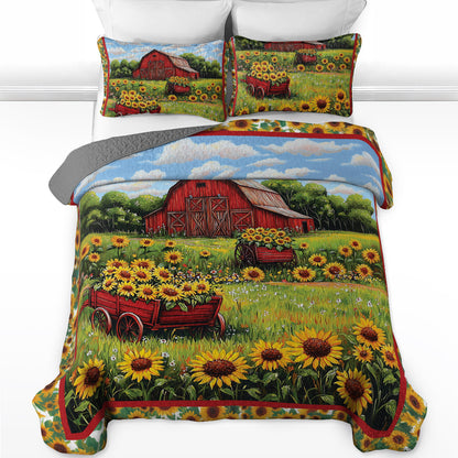 Shineful All Season Quilt 3-Piece Set - Barn and Sunflowers Quilt