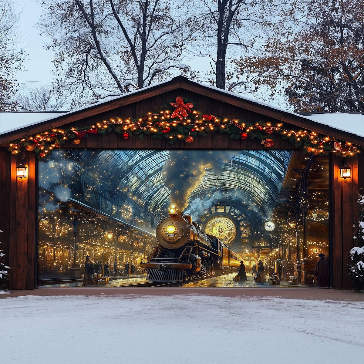 Shineful Garage Door Banner Decoration Snowy Station
