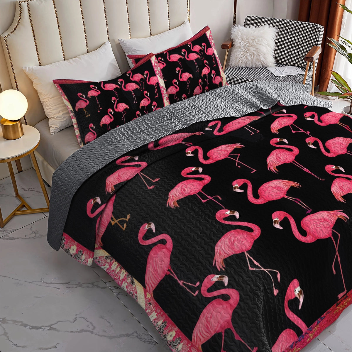 Shineful All Season Quilt 3-Piece Set - Black & Pink Flamingo Chic